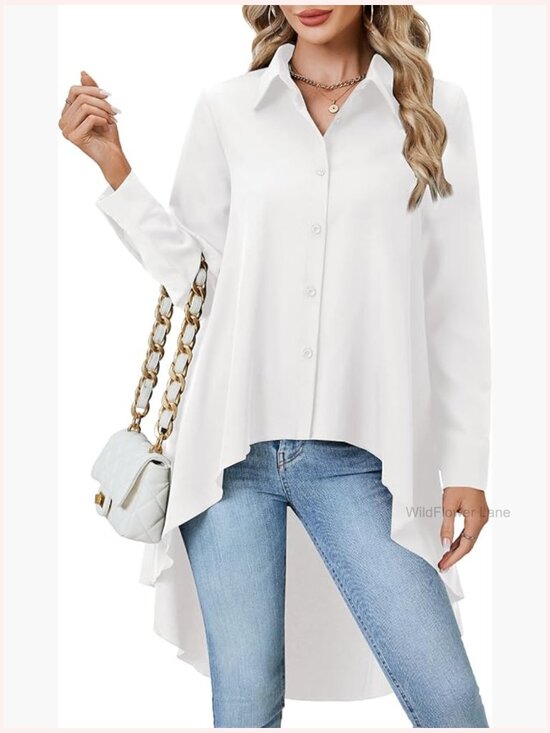 Tops - Button Down Asymmetrical Hem Blouse Long Sleeve Tunic Tops